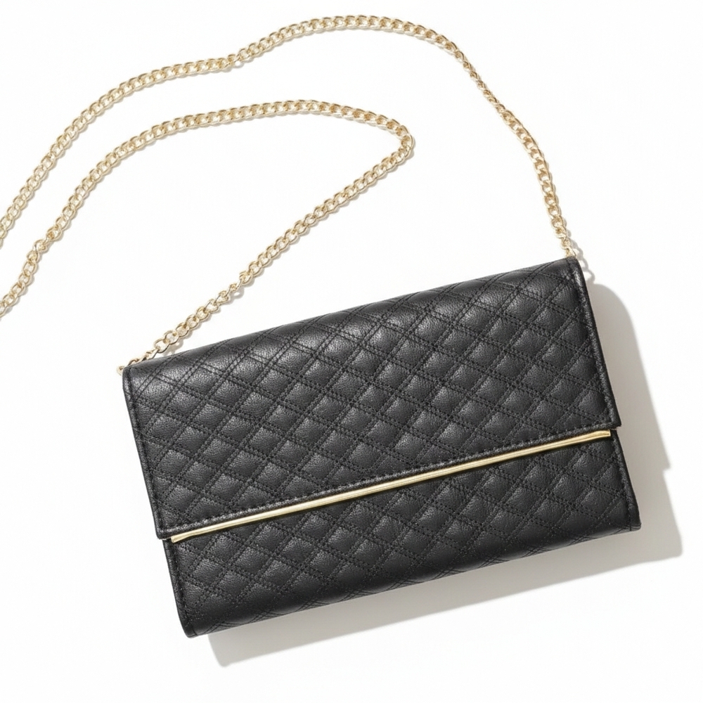 Black Quilted Evening Clutch With Shoulder Strap